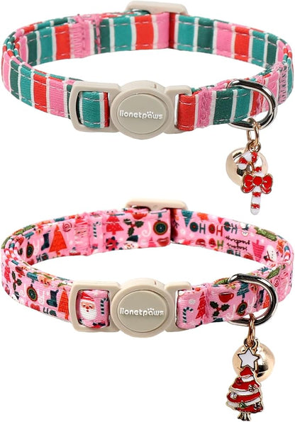 Lionet Paws 2pcs Pack Christmas Cat Collar, Ho Christmas Tree & Pink Stripes by lionetpaws