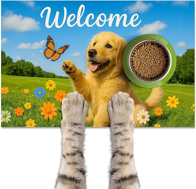 Welcome Spring Pet Feeding Mat 24" x 16" Non Slip Dog and Cat Food Mat Easy by HOMETITUTE