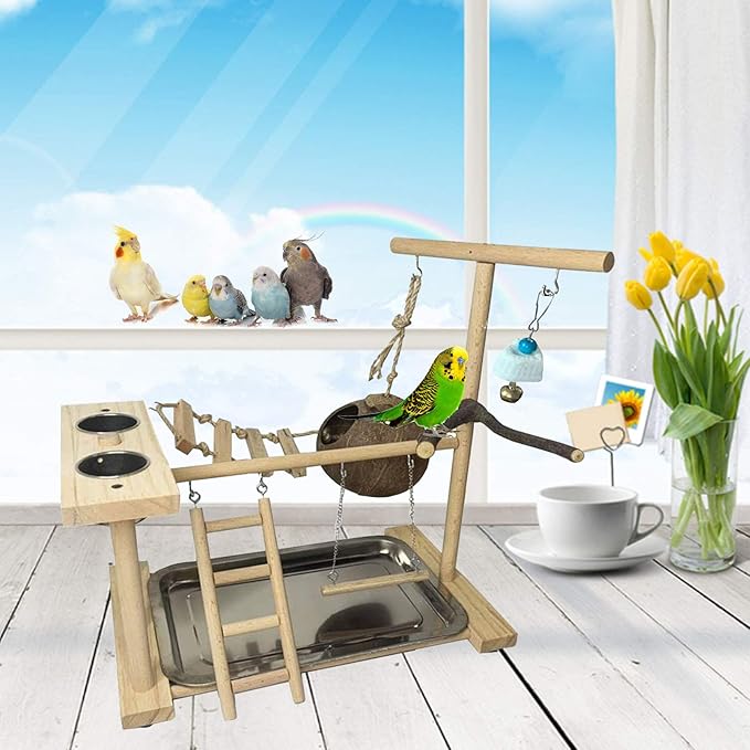 Parakeet Playground Bird Play Stand Natural Wood Perch Gym Parrots Nest Climb - Image 2
