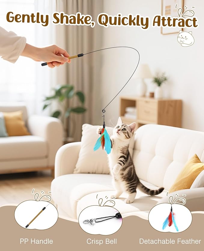 Pawaboo Feather Teaser Cat Toy, Interactive Feather Wand Cats Toy Flying - Image 3