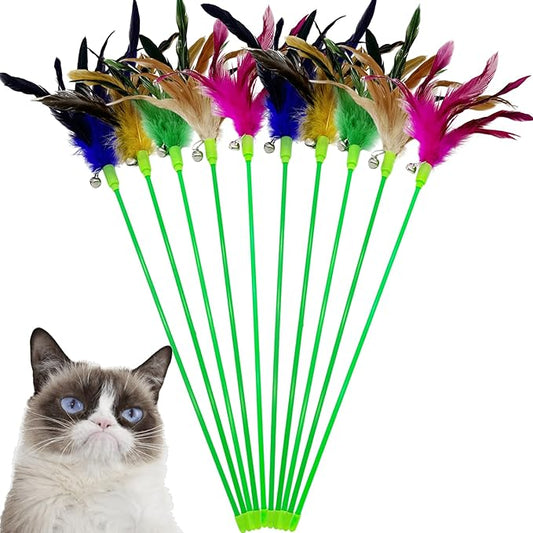 Interactive Cat Wand Feather Toys, 10 Pieces Feathers Stick Cat Toys by CATENEED