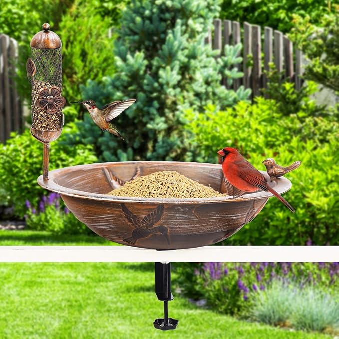 DREAMSOUL Deck Bird Bath with Feeder, Metal Birdbath Bowl - Image 7