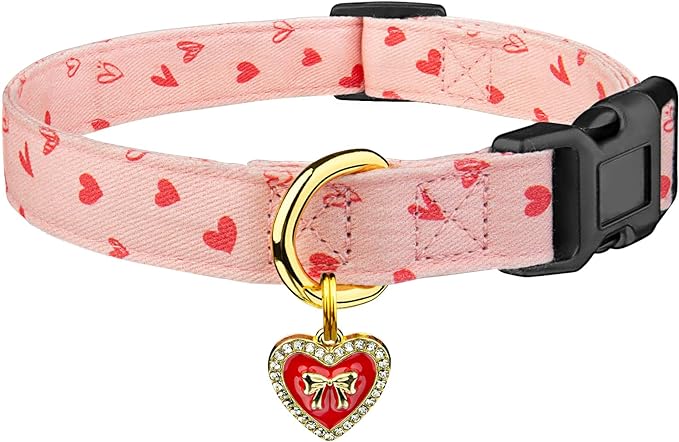 Cotton Handmade Dog Collar Cute and Distinctive Patterns Pink Heart by Fyeqyaou