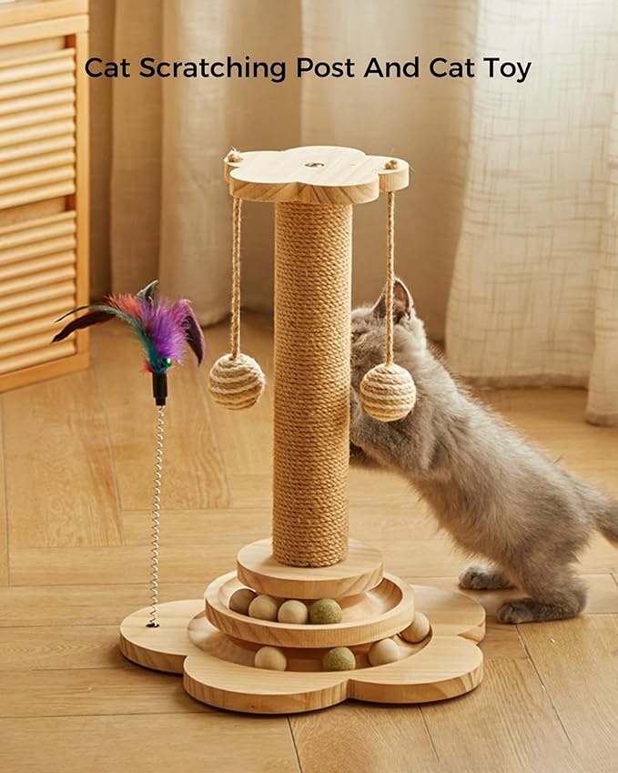 Cat Scratching Post, 4 in 1 Wooden Cat Scratcher Toy, 17.7" Tall Scratch Post - Image 7
