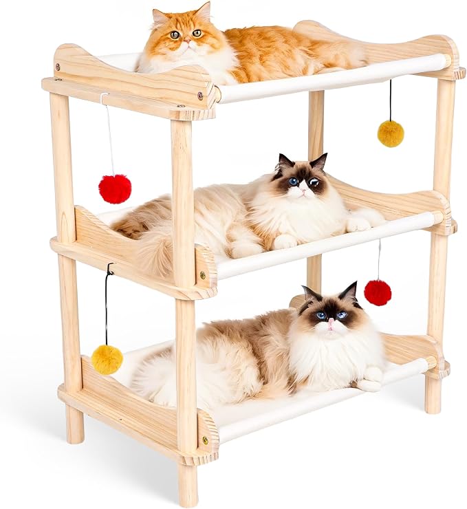 Large 3-Layer Cat Hammock Bed, Breathable Washable Covers, Wooden Pet Furniture by MITREL