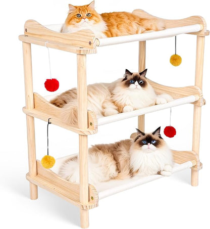Large 3-Layer Cat Hammock Bed, Breathable Washable Covers, Wooden Pet Furniture by MITREL