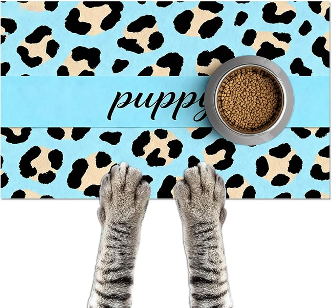 Puppy Feeding Mat 24x16 inch Blue Leopard Print Pet Bowl Placemat Non Slip by HOMETITUTE