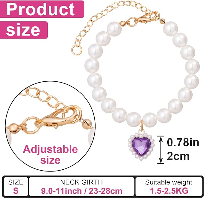 2pcs Cat Dog Pearl Collar, Small Heart Shape Rhinestone Pet Necklace, - Image 2