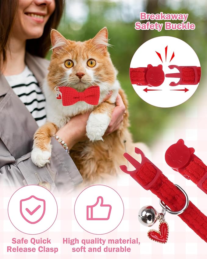 Cat Collar Breakaway with Bells, Soft Cotton Pink Cat Bowtie Collar - Image 4