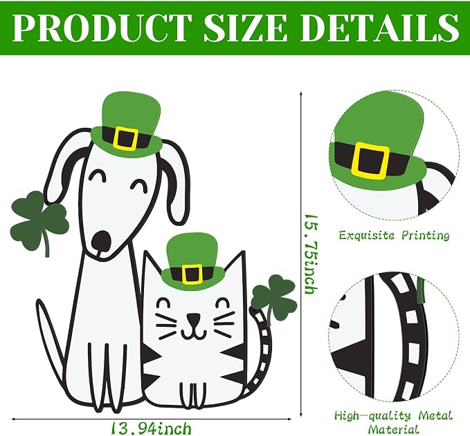 Fiwochic St Patrick's Dogs Cat Decorations Metal Shamrock Wall Art Irish Pet - Image 2