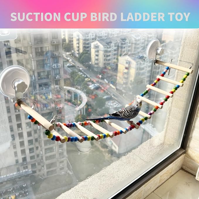 FlidRunest Suction Cup Wooden Bird Perch Stand Toy, Colorful Bird Parrot Ladder - Image 2