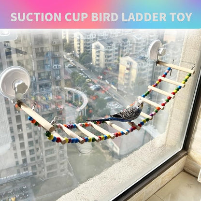 FlidRunest Suction Cup Wooden Bird Perch Stand Toy, Colorful Bird Parrot Ladder - Image 2