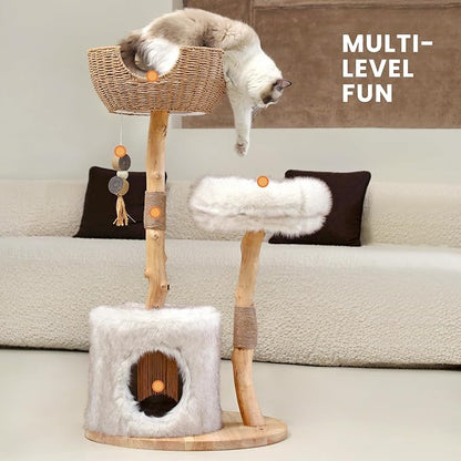 Cat Tree Tower with Two Real Branches, 44 INCH Wood Modern Cat Tower with - Image 2