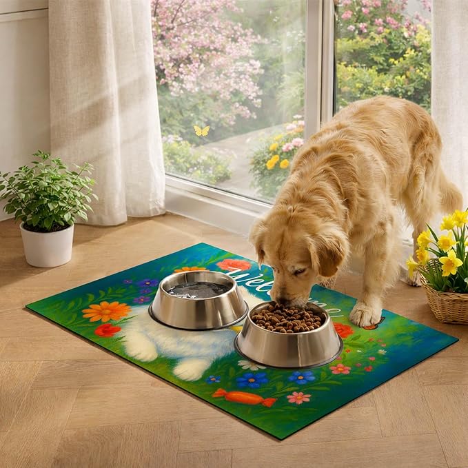 Welcome Spring Pet Feeding Mat 24" x 16"White Dog Floral Design Non Slip Cat - Image 3