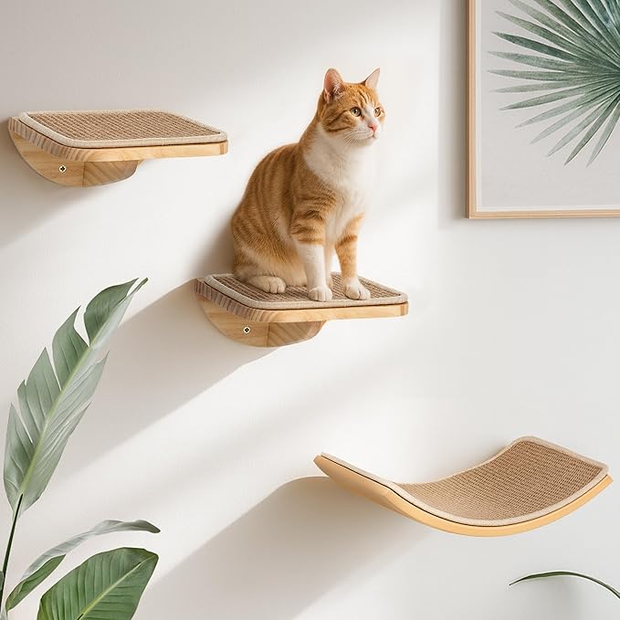 Cat Window Perches, Curved Cat Wall Sisal Mat Bed and 2 Floating Wall Steps by PELUOMOZ