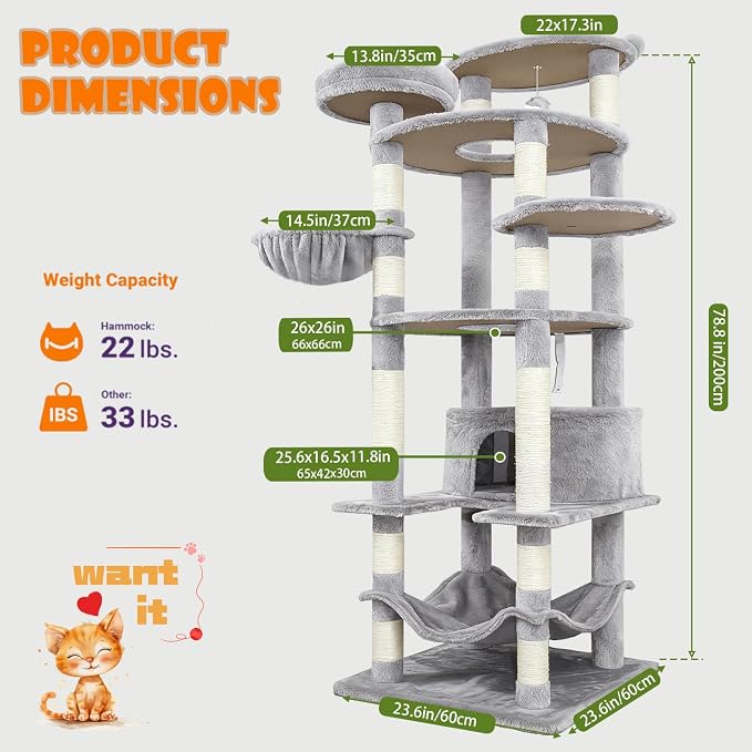 78.8" Large Cat Tree Tower for Indoor Kitties, Sisal Scratching Posts, Hammock - Image 5