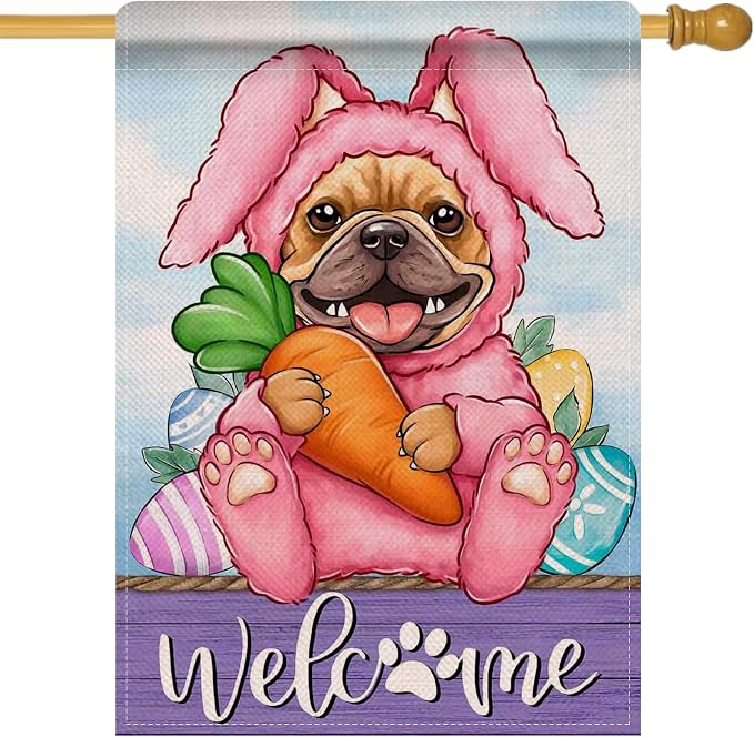 Artofy Welcome Easter Bunny Dog Large Decorative House Flag, French Bulldog by Artofy