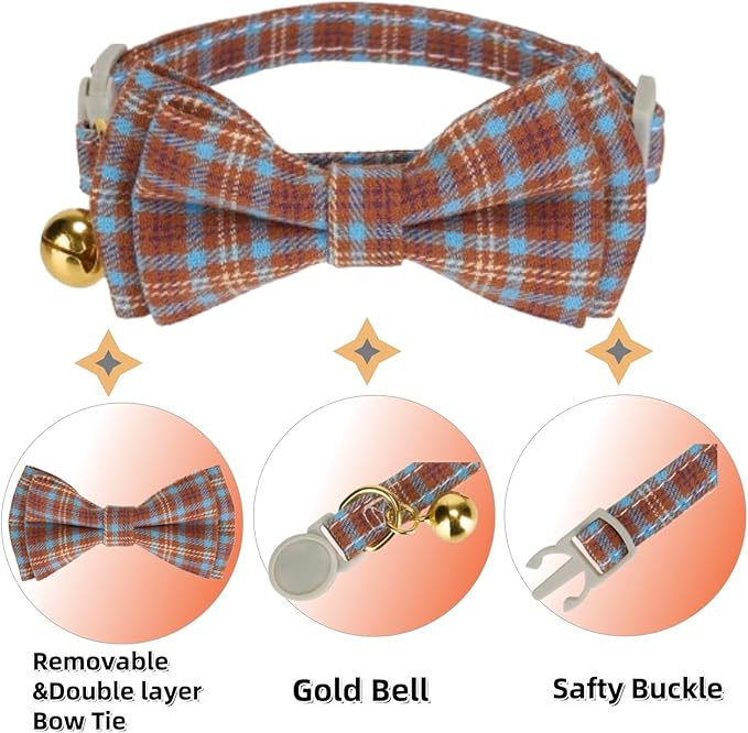 2 Pack Cotton Cat Collar, Removable Bowtie, Plaid Pattern, Safety Breakaway - Image 4