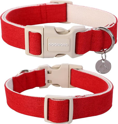 DOGWONG Cotton Hemp Dog Collar, Heavy-Duty Red Dog Collar Adjustable Soft - Image 3