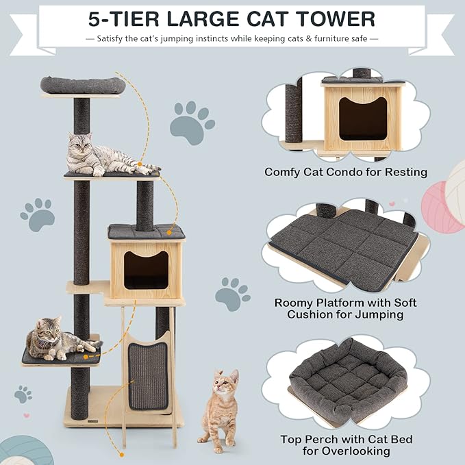 PETSITE 69-inch Tall Wooden Cat Tree Tower, Modern Cat Activity Center Tree - Image 2