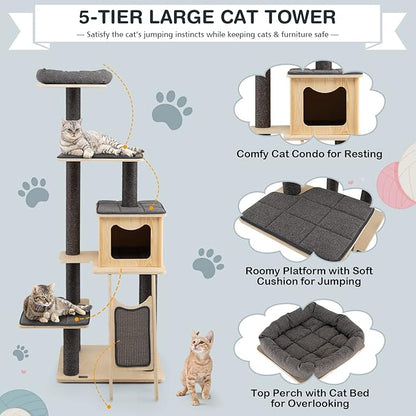 PETSITE 69-inch Tall Wooden Cat Tree Tower, Modern Cat Activity Center Tree - Image 2