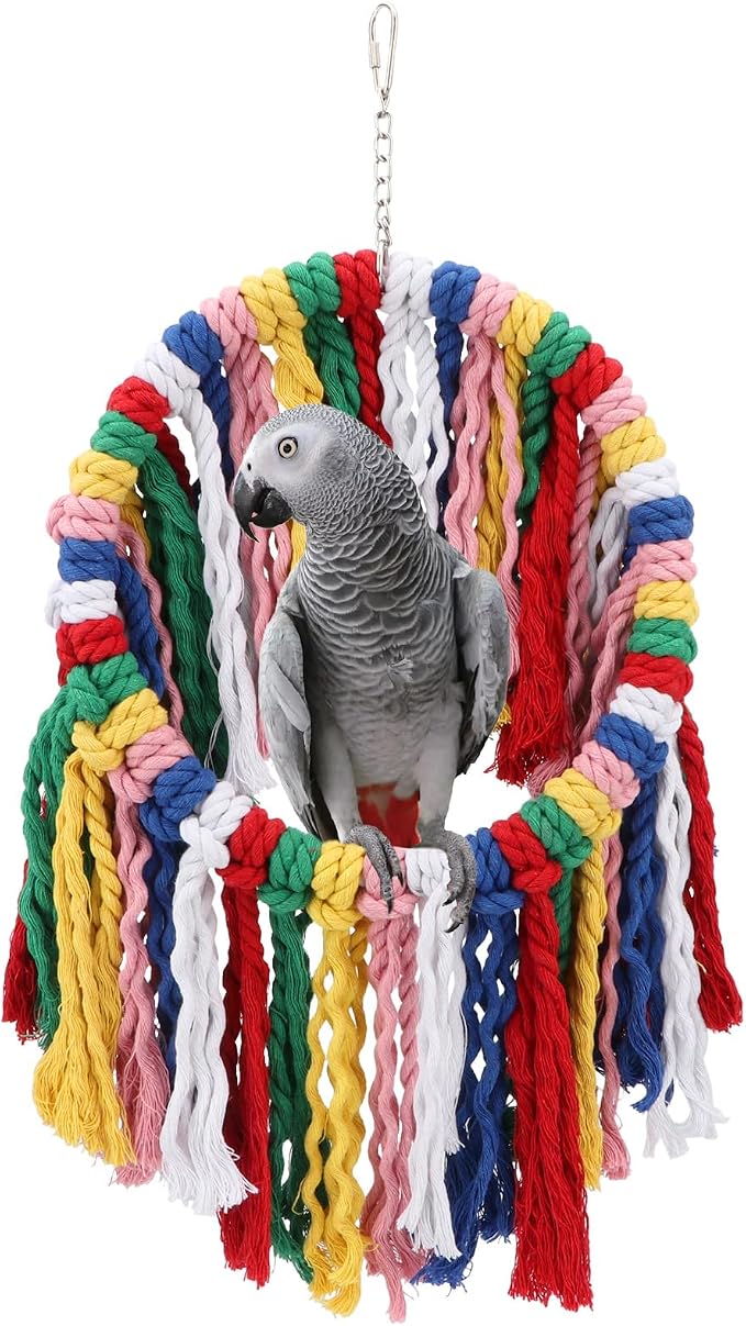 Wontee Bird Rope Chewing Toys Parrot Cage Bite Toys Colorful Hanging Ring Swing by Wontee