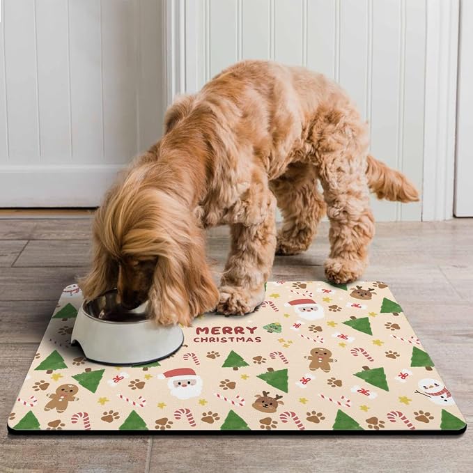 Christmas Dog Food & Water Mat, Paw Prints Santa Claus Snowman Xmas Pet Feeding - Image 4
