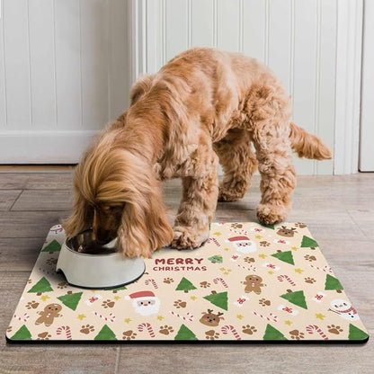 Christmas Dog Food & Water Mat, Paw Prints Santa Claus Snowman Xmas Pet Feeding - Image 4