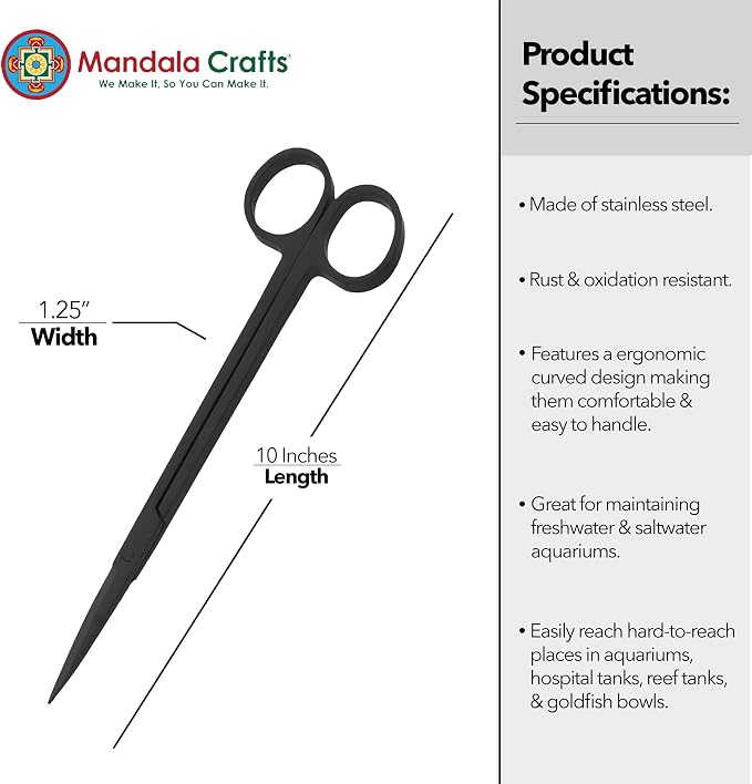 Mandala Crafts 10 Inches Black Stainless Steel Straight Aquarium Scissors - Image 3