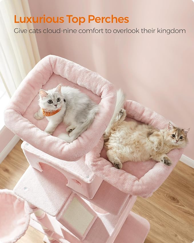 Feandrea Cat Tree, 81.1-Inch Large Cat Tower, 2 Perches, 2 Caves, Jelly Pink - Image 3