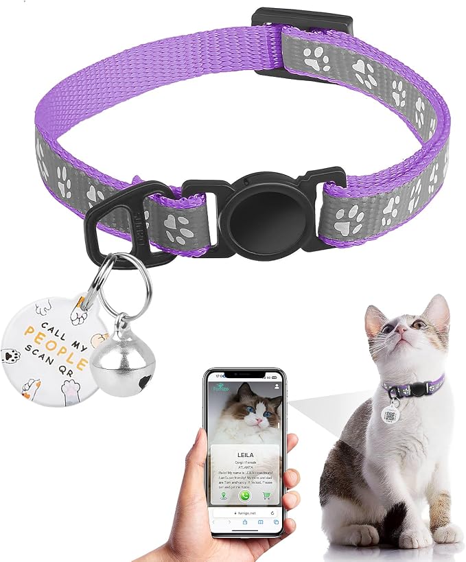 Cat Collar Breakaway with QR Code Name Tag, Reflective Kitten Collars with Bell by FURRIGO