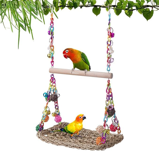 Bird Swing Toys with Wood Perch, Seagrass Woven Parrot Platform Bird Climbing by FrgKbTm