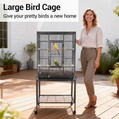 53 Inch Bird Cage with Wooden Perches, Standing Wrought Iron Birdcage with - Image 3