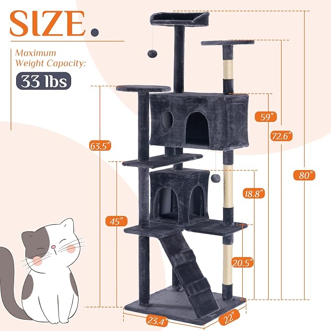 DUMOS 80-inch Indoor Cat Tree Tower –Multi-Level Pet House - Image 2