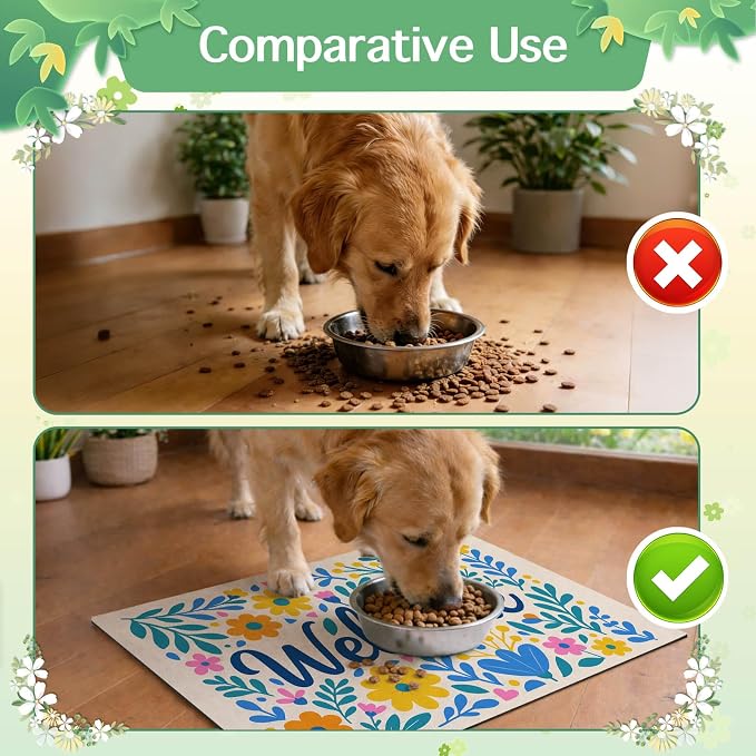 Spring Pet Feeding Mat 24" x 16" Colorful Welcome Floral Design Non Slip Dog - Image 7