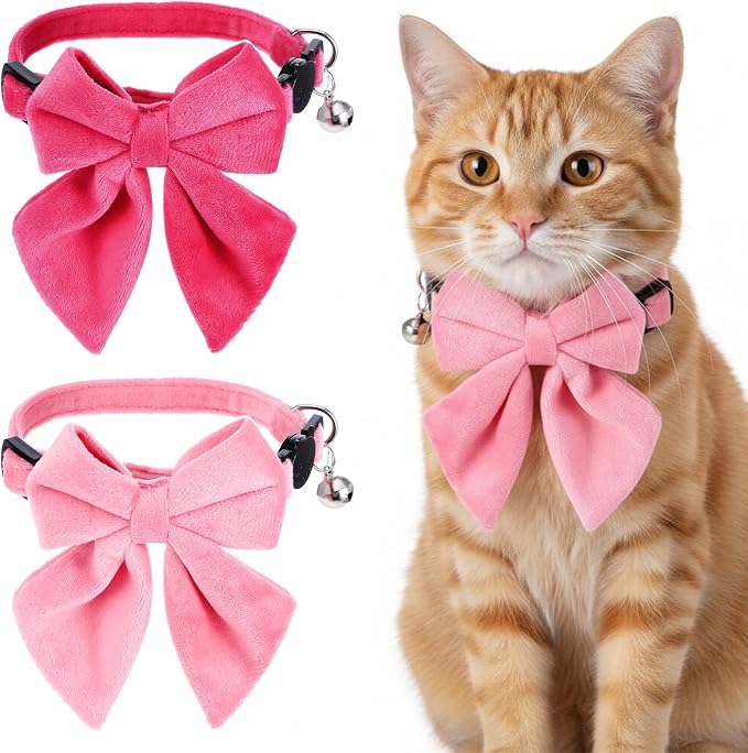 2 Pcs Pink Cat Collar with Bow Bells Breakaway Cat Bowtie Collar with Bell by Unknown