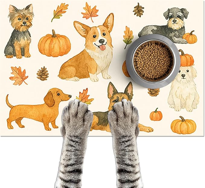 Fall Dog Pet Feeding Mat Autumn Pumpkin Design Food Mat by HOMETITUTE