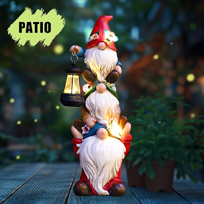 Garden Gnome Statue with Solar Lights Garden Sculptures Funny Triple Gnome - Image 8