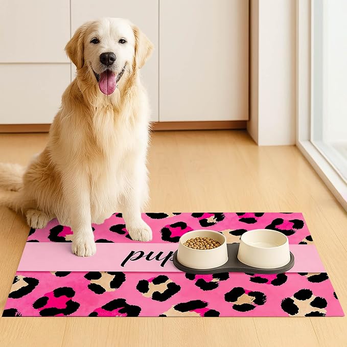 Puppy Feeding Mat 24x16 inch Hot Pink Leopard Print Pet Bowl Placemat Non Slip - Image 3