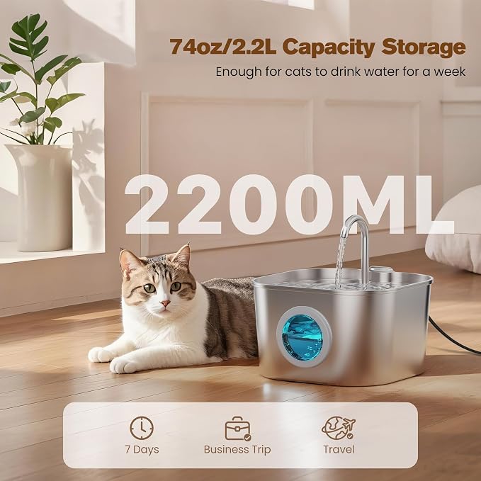 Cat Water Fountain with 8 Filters + 5 Sponges, Small Pet Waterer Dispenser - Image 7