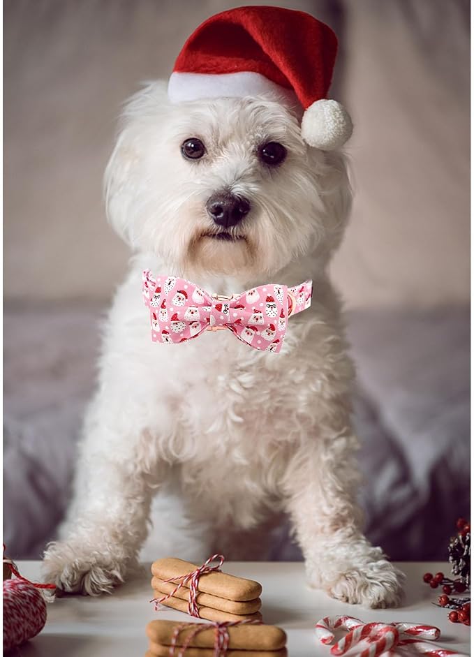 Dog Collar, Christmas Pink Santa Claus Cotton Pet Collar Bow Holiday Girl Boy - Image 6