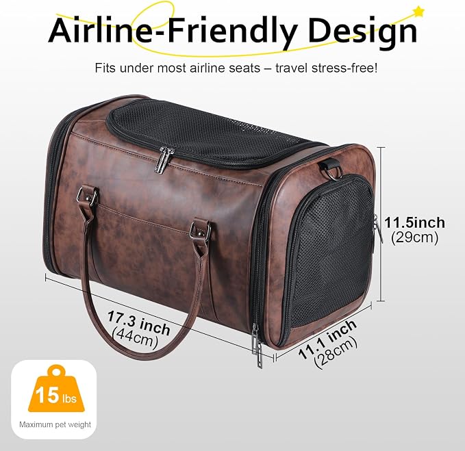 Stylish Leather Pet Carrier for Small Dogs and Cats Up to 15 lbs, Airline - Image 2