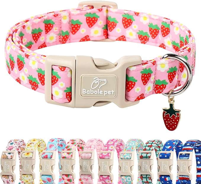 Cute Spring/Summer Dog Collar, Adjustable Pink Strawberry Dog Collars by Babolepet