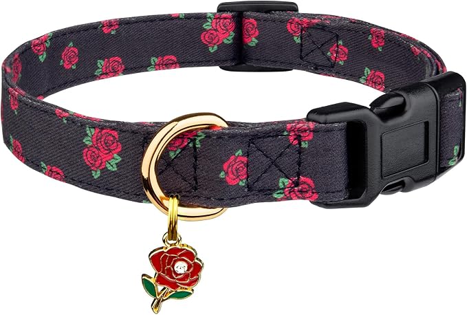 Cotton Handmade Dog Collar Cute and Distinctive Patterns Black Rose by Fyeqyaou