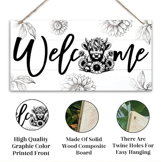 Welcome Sign for Front Door, Welcome Decor Wooden Hanging Sign, Highland Cow - Image 3