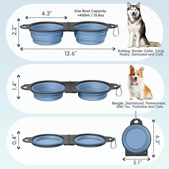 Pawaboo 2-in-1 Collapsible Dog Bowls, Dual Puppy Food and Water Bowls, 180° - Image 2