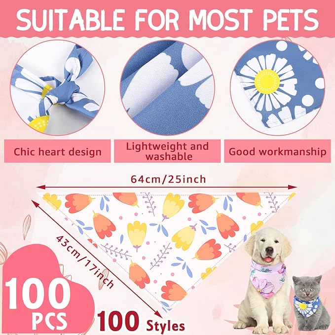 100 Pcs Spring Floral Dog Bandanas Bulk Pet Bibs Colorful Triangle Scarf Floral - Image 2