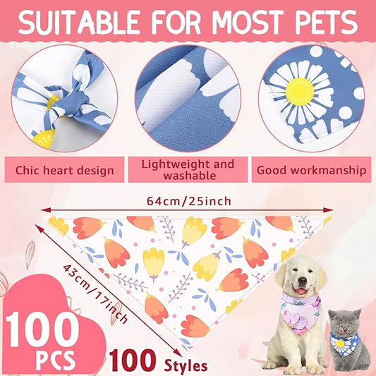 100 Pcs Spring Floral Dog Bandanas Bulk Pet Bibs Colorful Triangle Scarf Floral - Image 2