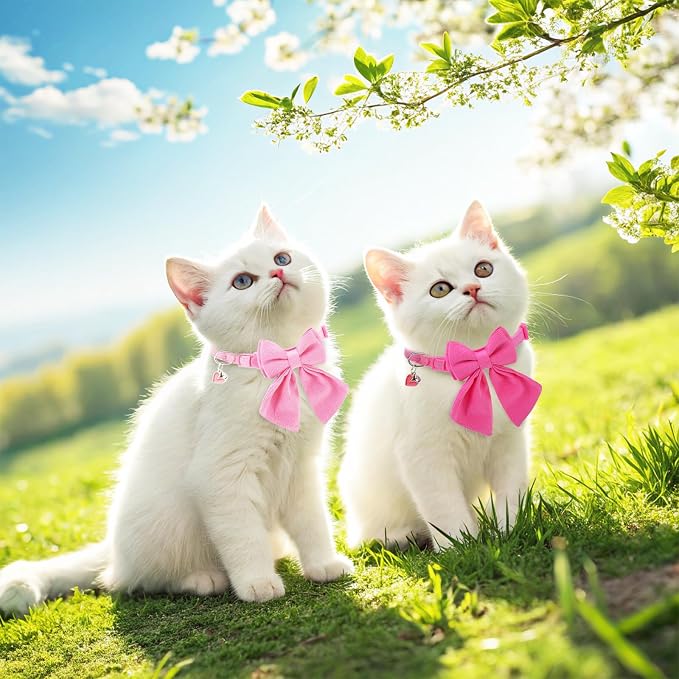 Cat Collar Breakaway with Bells, Soft Pure Cotton Pink Cat Bowtie Collar - Image 8