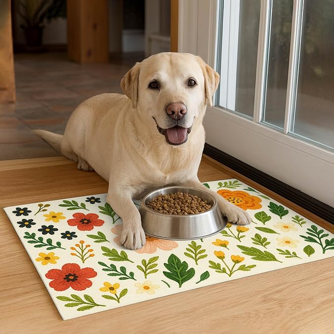 Trendy Flower Pattern Pet Feeding Mat Spill-Proof Feood Pad - Image 4